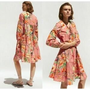 ZARA NWOT100% Cotton Poplin Floral Tiered Blouson Long Sleeves Loose Dress XXL